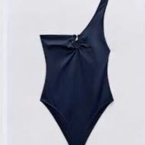 Zara women’s Sz S asymmetric one shoulder navy One Piece Swimsuit vacation